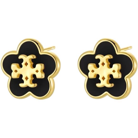 Designer Inspired Tory Black Gold Stud Earrings - Picture 3 of 8